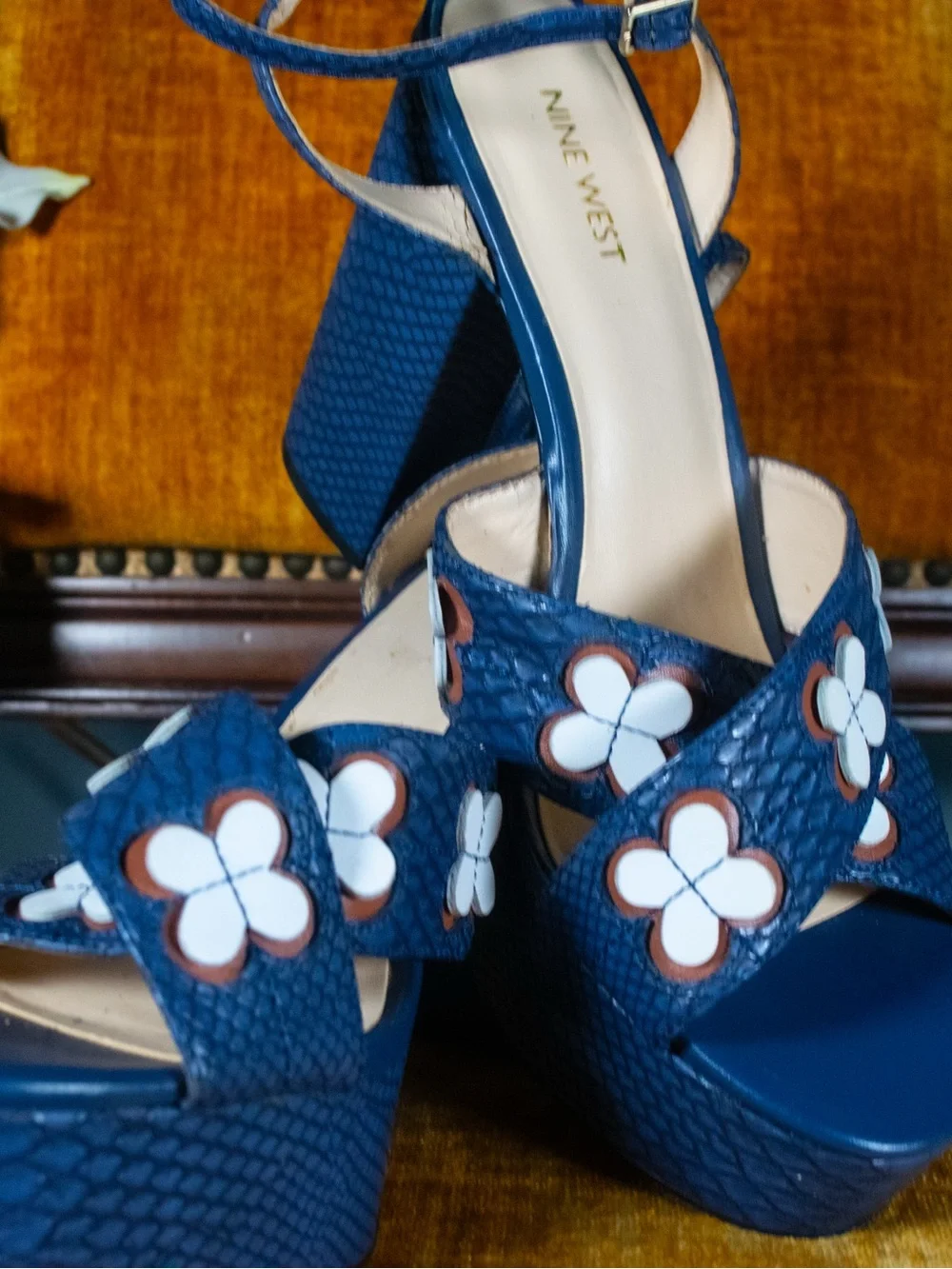 Size 12  Nine West Navy Blue Floral Platform Sandals